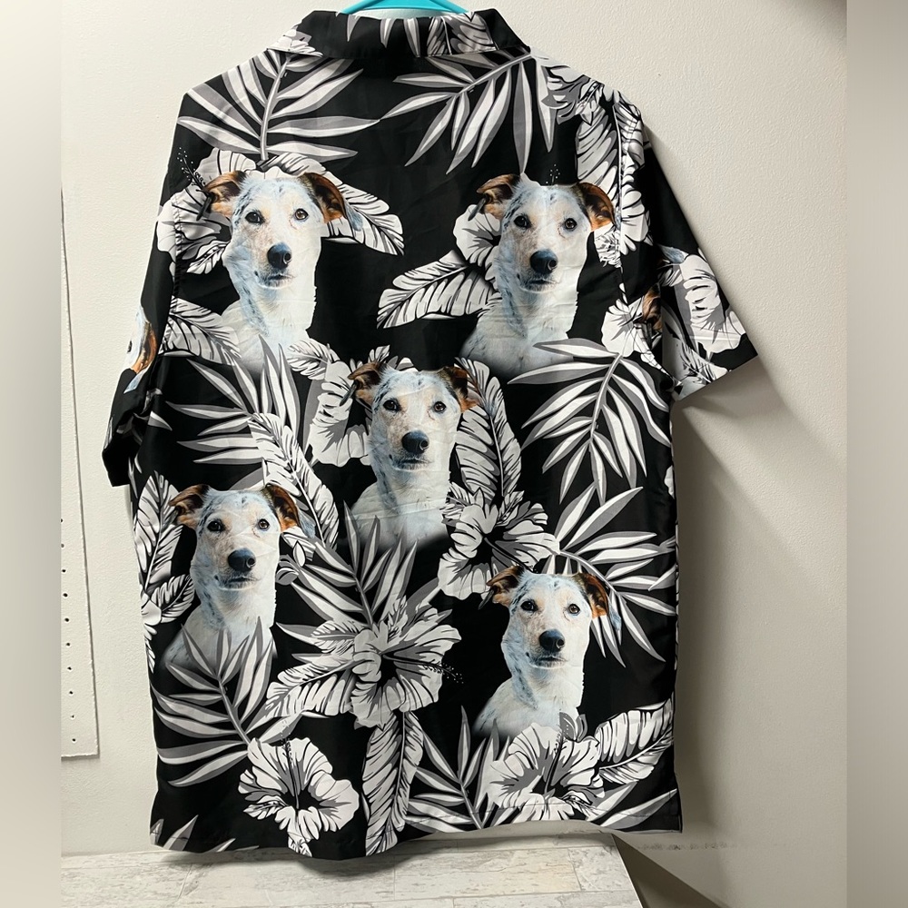 Dog Print Hawaiian Shirt Men’s Size Medium Black And White Dog Lover Floral - Picture 2 of 4